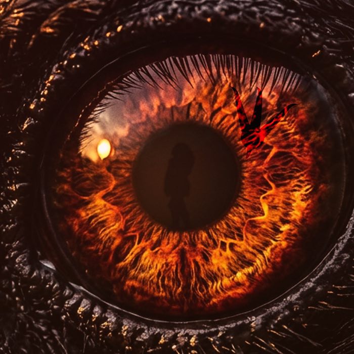 Detail aus dem Cover von »Asche des Gehorsams«: ein bernsteinfarben glühendes Auge im Dunkeln, in dessen Pupille die Silhouette einer Frau steht.